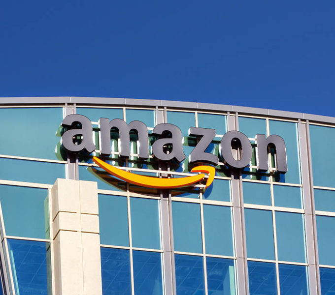 Amazon's logo is shown on a building.